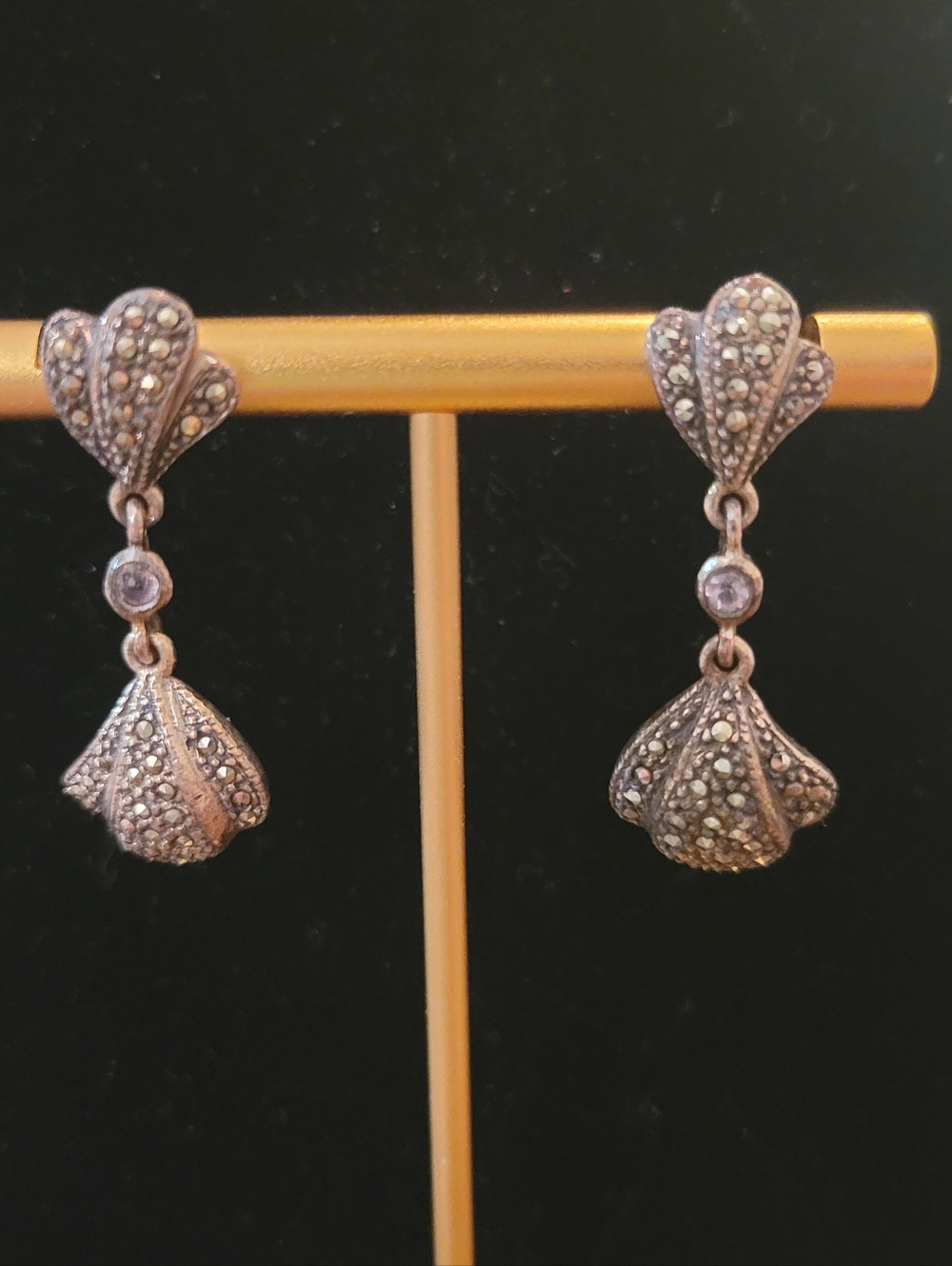 Vintage Sterling Silver & Marcasite Dangle Earrings - Picture 3 of 6